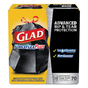 Glad ForceFlexPlus Drawstring Large Trash Bags, 30 gal, 1.05 mil, 30" x 32", Black, 70/Box (CLO70358) View Product Image