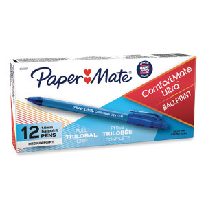 Paper Mate ComfortMate Ultra Ballpoint Pen, Retractable, Medium 1 mm, Blue Ink, Blue Barrel, Dozen
