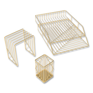 U Brands Vena Desktop Organization Kit, 8 Compartments, Letter Sorter, Paper Tray, Pencil Cup, Gold, Metal
