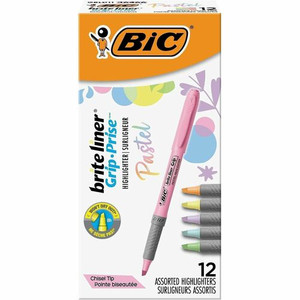 BIC Brite Liner Grip Highlighters, Assorted - 1.6 mm Chisel Marker Point - Assorted, Pastel Yellow, Pastel Pink, Pastel Blue, Pastel Green, Pastel Purple, Pastel Orange Ink