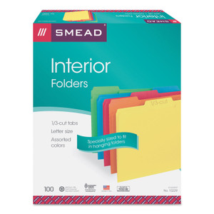 Smead Interior File Folders, 1/3-Cut Tabs: Assorted, Letter Size, 0.75" Expansion, Assorted Colors, 100/Box