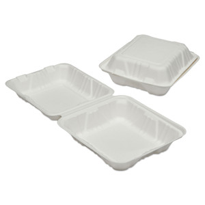 AbilityOne 7350016646908, SKILCRAFT Clamshell Hinged Lid ToGo Food Containers, 8 x 8 x 3, White, Paper, 200/Box (NSN6646908) View Product Image