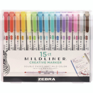 Zebra Mildliner Double Ended Highlighter, Assorted Ink Colors, Bold-Chisel/Fine-Bullet Tips, Assorted Barrel Colors, 15/Pack