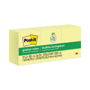 Post-it Greener Notes Original Recycled Note Pads, 1.5" x 2", Canary Yellow, 100 Sheets/Pad, 12 Pads/Pack (MMM653RPYW) View Product Image