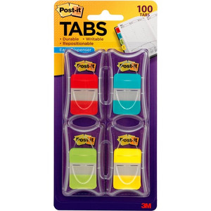Post-it Tabs - 100 Write-on Tab(s) - 1" Tab Height x 1.50" Tab Width - Red, Blue, Green, Yellow Tab(s) - Tear Resistant, Wear Resistant, Repositionable, Durable