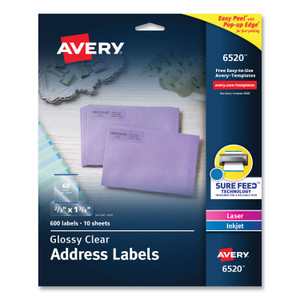 Avery Glossy Clear Easy Peel Mailing Labels w/ Sure Feed Technology, Inkjet/Laser Printers, 0.66 x 1.75, 60/Sheet, 10 Sheets/PK