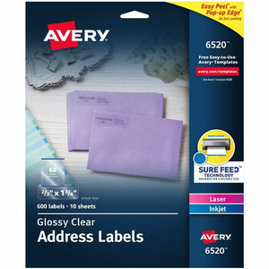 Avery Easy Peel High Gloss Clear Mailing Labels - 2/3" Width x 1 3/4" Length - Permanent Adhesive - Rectangle - Inkjet, Laser - Clear