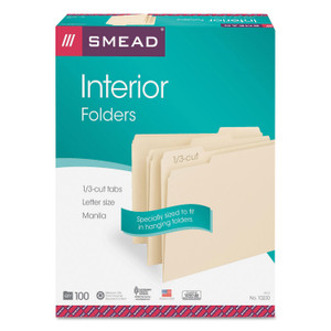 Smead Interior File Folders, 1/3-Cut Tabs: Assorted, Letter Size, 0.75" Expansion, Manila, 100/Box (SMD10230) View Product Image