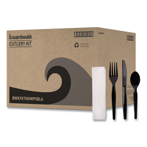 Boardwalk Four-Piece Cutlery Kit, Heavyweight, Fork/Knife/Napkin/Spoon, Plastic, Black, 250/Carton