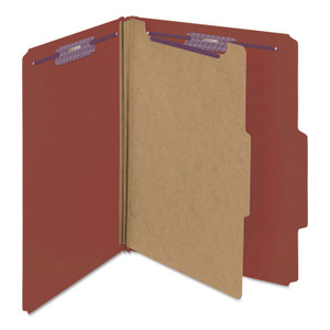 Smead Pressboard Classification Folders, Four SafeSHIELD Fasteners, 2/5-Cut Tabs, 1 Divider, Letter Size, Red, 10/Box