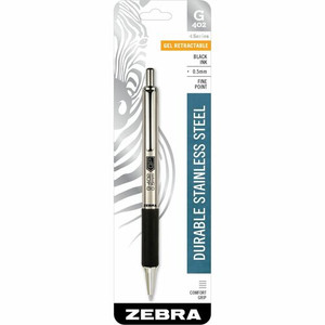 Zebra STEEL 4 Series G-402 Retractable Gel Pen - 0.5 mm Fine Pen Point - Retractable - Black Ink - Gel-based - Stainless Steel Barrel