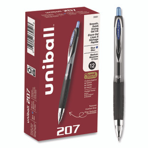 uniball Signo 207 Gel Pen, Retractable, Medium 0.7 mm, Blue Ink, Smoke/Black/Blue Barrel, Dozen