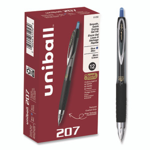 uniball Signo 207 Gel Pen, Retractable, Fine 0.5 mm, Blue Ink, Smoke/Black/Blue Barrel, Dozen