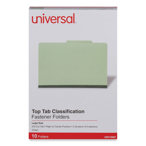 Universal Six-Section Pressboard Classification Folders, 2" Expansion, 2 Dividers, 6 Fasteners, Legal Size, Green Exterior, 10/Box (UNV10281) View Product Image