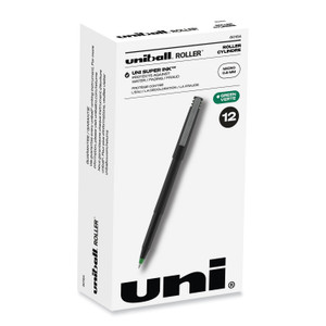 uniball Rollerball Pen, Stick, Extra-Fine 0.5 mm, Green Ink, Black/Green Barrel, Dozen