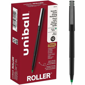 uniball™ Roller Rollerball Pen - 0.5 mm Micro Pen Point - Green Ink - Black Stainless Steel Barrel