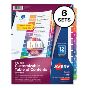 Avery Customizable TOC Ready Index Multicolor Tab Dividers, 12-Tab, 1 to 12, 11 x 8.5, White, Traditional Color Tabs, 6 Sets