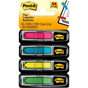 Post-it Arrow Flags - 24 x Pink, 24 x Blue, 24 x Yellow, 24 x Green - 1/2" Flag/Note Width x 1 3/4" Flag/Note Length - Arrow, Rectangle - Unruled - Pink, Green, Blue, Yellow, Aqua