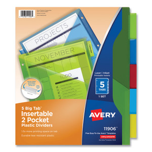 Avery Insertable Big Tab Plastic 2-Pocket Dividers, 5-Tab, 11.13 x 9.25, Assorted, 1 Set