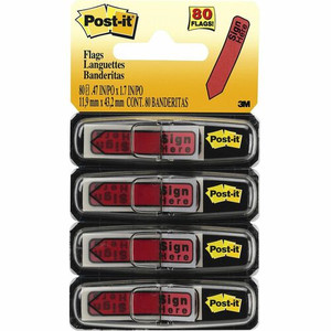 Post-it Arrow Message Flags - 80 x Red - 1/2" Flag/Note Width x 1 3/4" Flag/Note Length - Arrow, Rectangle - Unruled - SIGN HERE