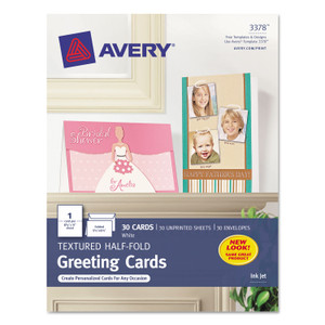 Avery Half-Fold Greeting Cards with Envelopes, Inkjet, 65 lb, 5.5 x 8.5, Textured Uncoated White, 1 Card/Sheet, 30 Sheets/Box (AVE3378) View Product Image