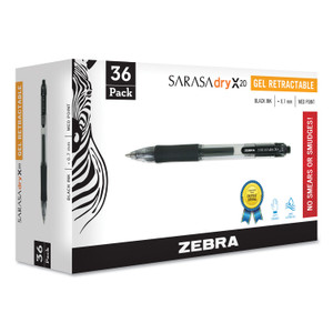 Zebra Sarasa Dry Gel X20 Gel Pen, Retractable, Medium 0.7 mm, Black Ink, Clear/Black Barrel, 36/Pack