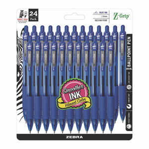 Zebra Z-Grip Ballpoint Pen, Retractable, Medium 1 mm, Blue Ink, Translucent Blue/Blue Barrel, 24/Pack