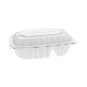 Pactiv Evergreen EarthChoice Vented Microwavable MFPP Hinged Lid Container, 2-Compartment, 9 x 6 x 3.1, White, Plastic, 170/Carton (PCTYCNW02052) View Product Image