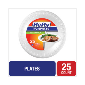Hefty Soak Proof Tableware, Plate, Foam, 10.25" dia, White, 25/Pack