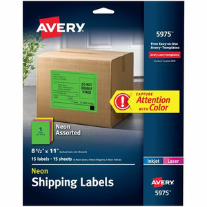 Avery Assorted Neon Shipping Labels, 8-1/2" x 11" , 15 Labels (5975) - - DiameterFull Sheet - Permanent Adhesive - Rectangle - Laser - Neon Magenta, Neon Green, Neon Yellow