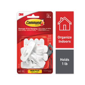 Command General Purpose Hooks, Small, Plastic, White, 1 lb Capacity, 6 Hooks and 12 Strips/Pack