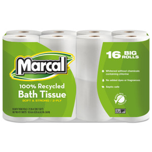 Marcal 100% Recycled 2-Ply Bath Tissue, Septic Safe, White, 168 Sheets/Roll, 16 Rolls/Pack (MRC1646616PK) View Product Image