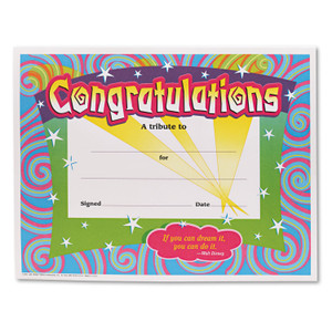 TREND Congratulations Colorful Classic Certificates, 11 x 8.5, Horizontal Orientation, Assorted Colors with White Border, 30/Pack (TEPT2954) View Product Image