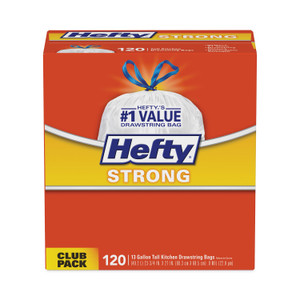 Hefty Strong Tall Kitchen Drawstring Bags, 13 gal, 0.9 mil, 23.75" x 27", White, 120 Bags/Box, 3 Boxes/Carton (PCTE84562CT) View Product Image