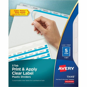 Avery Index Maker Clear Label Dividers - 5 x Divider(s) - 5 - 5 Tab(s)/Set - 8.5" Divider Width x 11" Divider Length - 3 Hole Punched