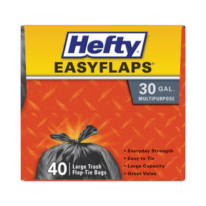 Hefty Easy Flaps Trash Bags, Tie-Flap, 30 gal, 0.85 mil, 30" x 33", Black, 40 Bags/Box, 6 Boxes/Carton