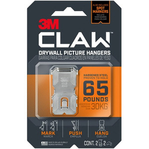 3M CLAW Drywall Picture Hanger - 65 lb (29.48 kg) Capacity - 1.2" Width x 2" Length - for Pictures, Project, Mirror, Frame, Home, Decoration - Steel - Gray