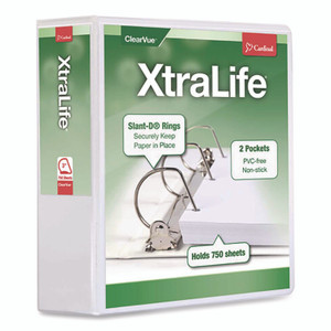 Cardinal XtraLife ClearVue Non-Stick Slant-D Ring Binder, 3 Rings, 3" Capacity, 11 x 8.5, White