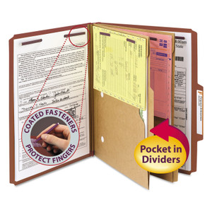 Smead 6-Section Pressboard Top Tab Pocket Classification Folders, 6 SafeSHIELD Fasteners, 2 Dividers, Letter Size, Red, 10/Box