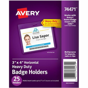 Avery Heavy-Duty Badge Holders - Support 3" x 4" Media - Landscape - Polyvinyl Chloride (PVC) - Clear - Reusable, Durable, Top Loading, Secure, Clip-on, Heavy Duty