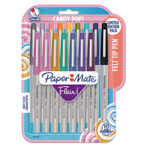 Paper Mate Flair Felt Tip Porous Point Pen, Stick, Extra-Fine 0.4 mm, Assorted Ink Colors, Gray Barrel, 16/Pack