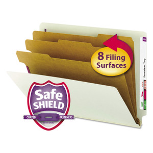 Smead End Tab Pressboard Classification Folder, Eight SafeSHIELD Fasteners, 3" Expansion, 3 Dividers, Letter Size, Gray-Green,10/BX