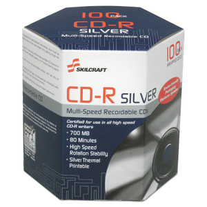 AbilityOne 7045016582773, SKILCRAFT Thermal Printable CD-R, 700 MB/80 min, 52x, Box, Silver, 100/Pack (NSN6582773) View Product Image