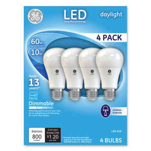 GE LED Daylight A19 Dimmable Light Bulb, 10 W, 4/Pack (GEL67616) View Product Image