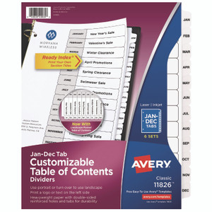Avery Customizable Table of Contents Ready Index Black and White Dividers, 12-Tab, Jan. to Dec., 11 x 8.5, White, 6 Sets