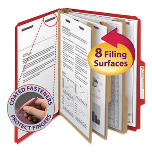 Smead Eight-Section Pressboard Top Tab Classification Folders, 8 SafeSHIELD Fasteners, 3 Dividers, Letter Size, Bright Red, 10/Box