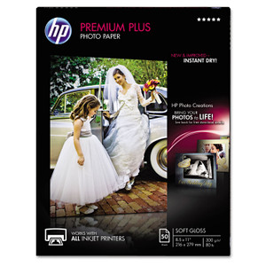 HP Premium Plus Photo Paper, 11.5 mil, 8.5 x 11, Soft-Gloss White, 50/Pack (HEWCR667A) View Product Image