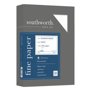 Southworth 25% Cotton Diamond White Business Paper, 95 Bright, 20 lb Bond Weight, 8.5 x 11, 500/Ream (SOU3122010) View Product Image