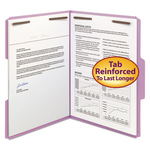 Smead Top Tab Colored Fastener Folders, 0.75" Expansion, 2 Fasteners, Letter Size, Lavender Exterior, 50/Box