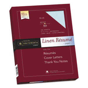 Southworth 100% Cotton Premium Weight Linen Resume Paper, 32 lb Bond Weight, 8.5 x 11, Blue, 100/Pack
